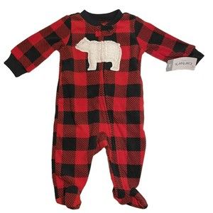NWT Carter’s Infant Boys Red Fleece Buffalo Check Bear Sleeper Pajamas 3 Months